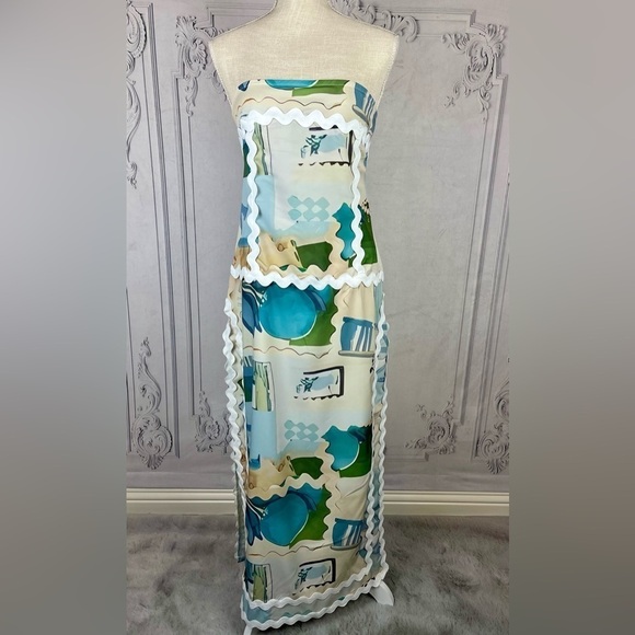 Casual Ribbon Trim Tile Print Tuscany Floral Strapless Bohemian Dress - Picture 4 of 13